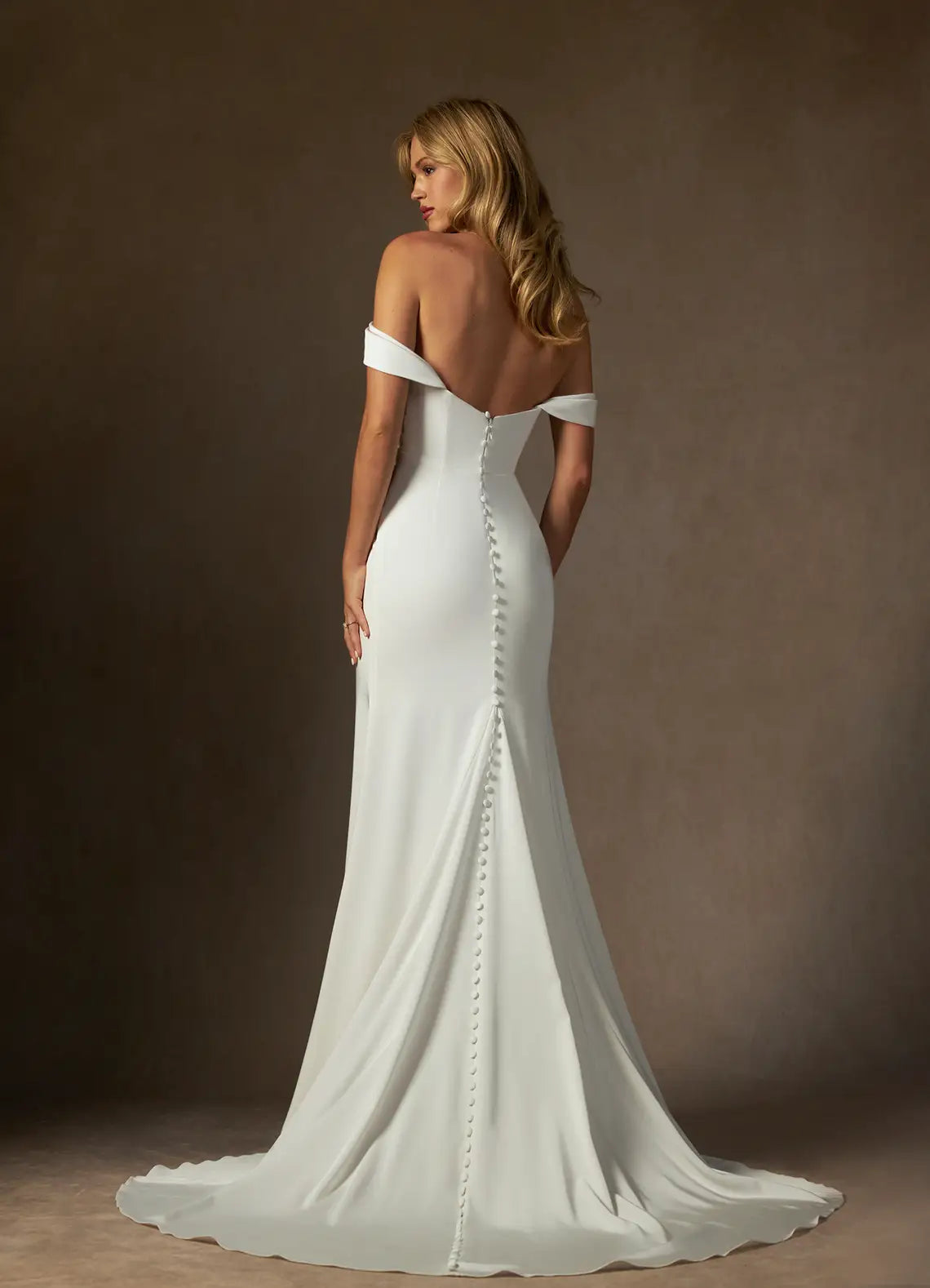 Elegant Off Shoulder Mermaid Strapless Crepe Back Satin Wedding Dress Crepe Fabric Ruched Bodice High Slit TrainPerfect for Modern Bridal Looks