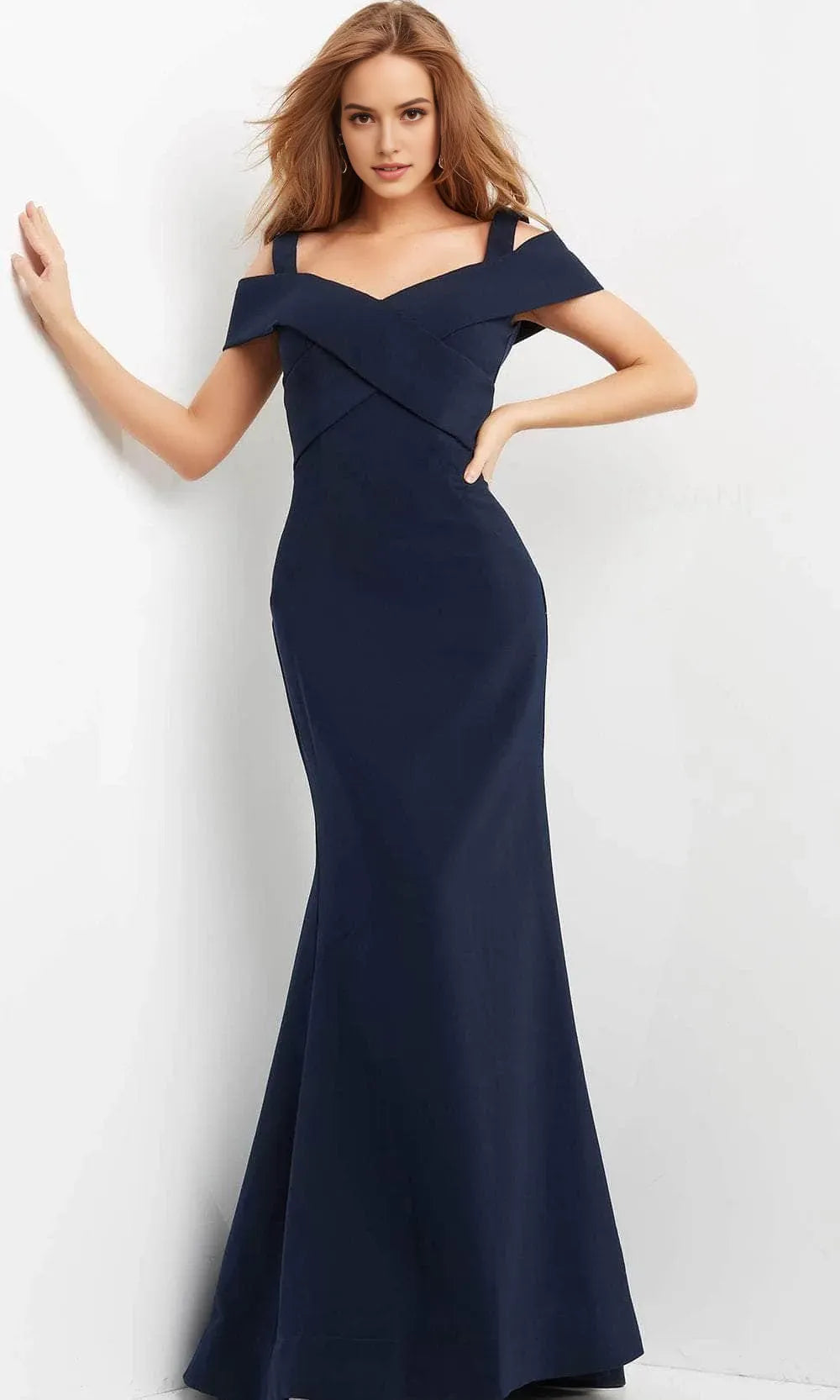 Elegant Off Shoulder Navy Blue Mermaid Evening Dresses with Cross Front Bodice Design Ideal for Formal Events Galas