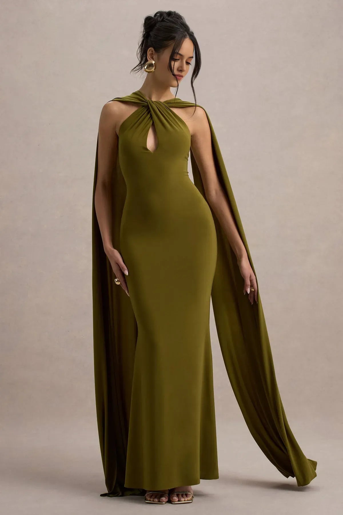 Elegant Olive Green Halter Neck Prom Dress with Twisted Keyhole and Flowing Cape Sleeves