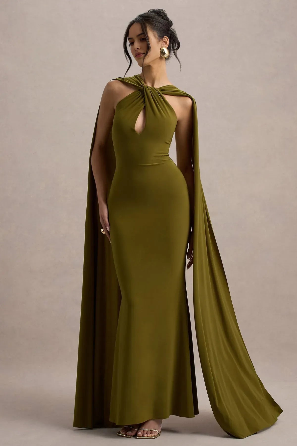 Elegant Olive Green Halter Neck Prom Dress with Twisted Keyhole and Flowing Cape Sleeves