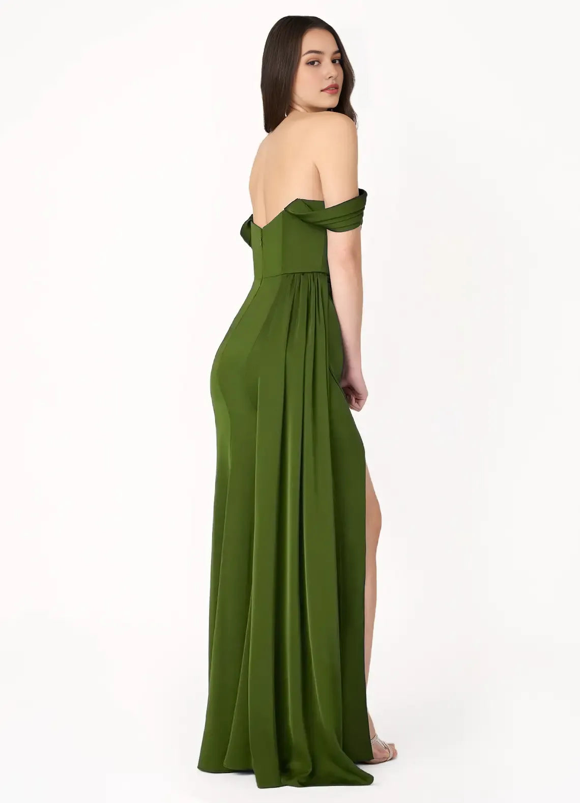 Elegant Olive Green Off - Shoulder Satin Prom Dress with Corset Bodice High Slit and Train for Formal Galas