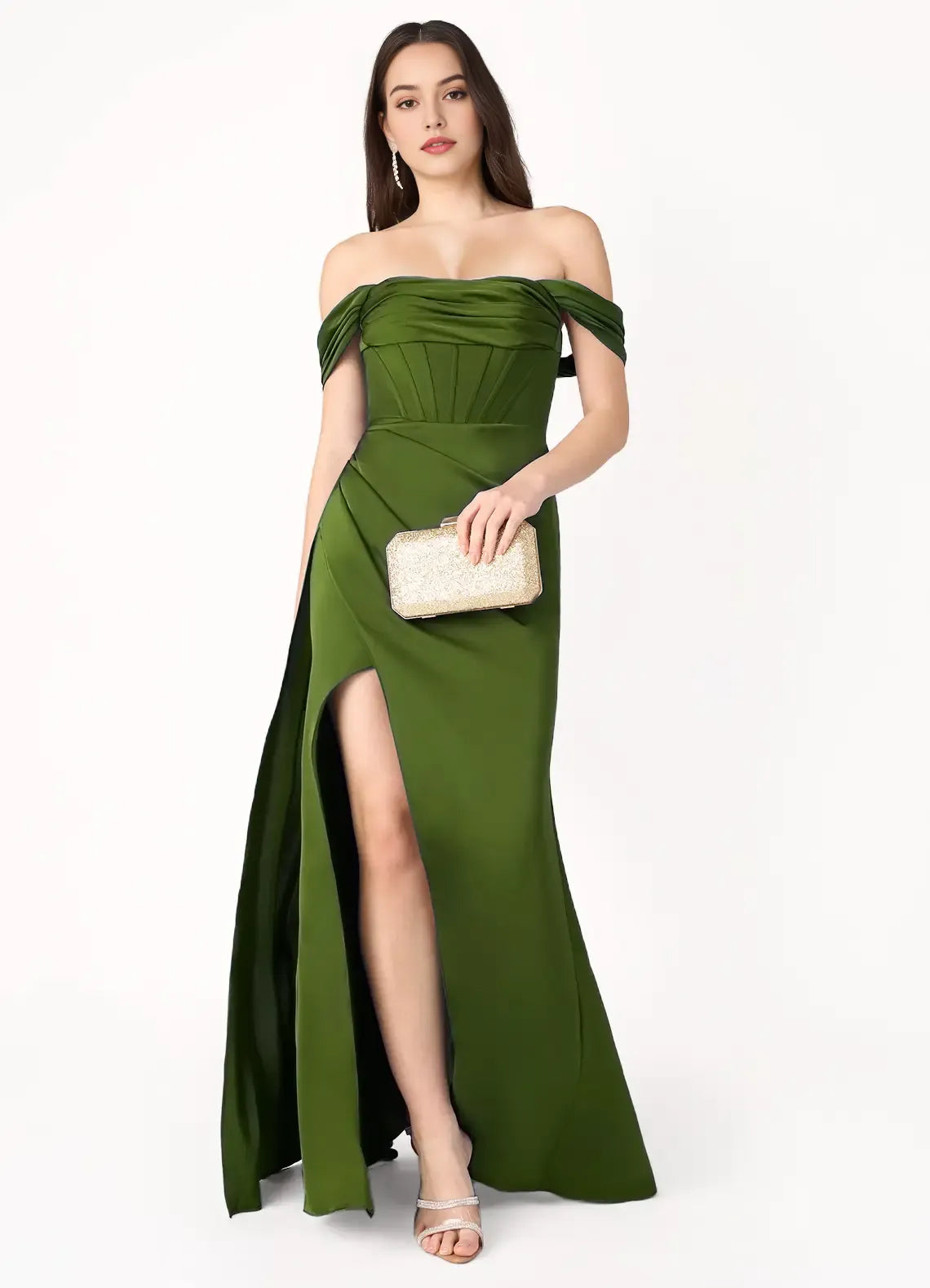 Elegant Olive Green Off - Shoulder Satin Prom Dress with Corset Bodice High Slit and Train for Formal Galas