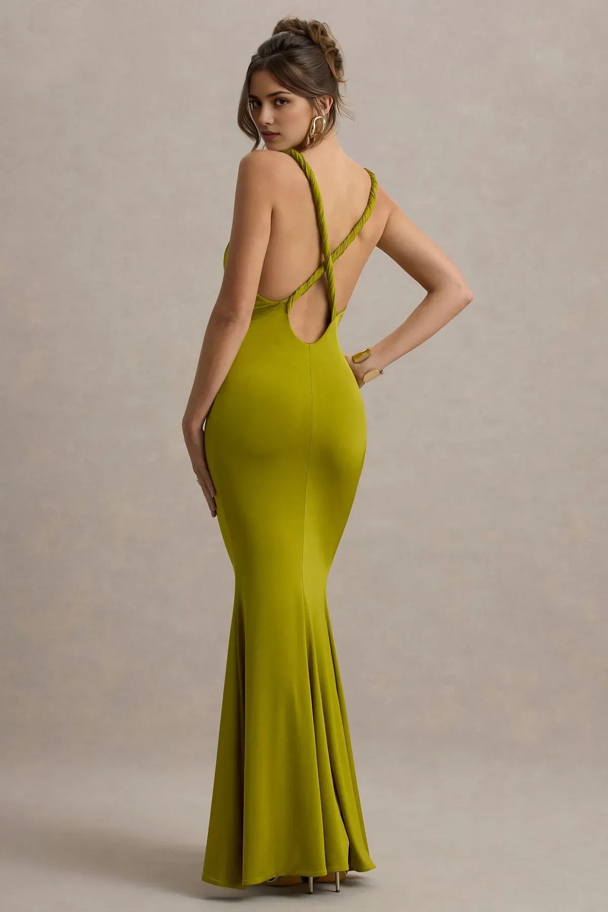 Elegant Olive Green Prom Dress Twist  Front Design Plunging V - Neck and Body  Conforming Fabric for Timeless Glamour