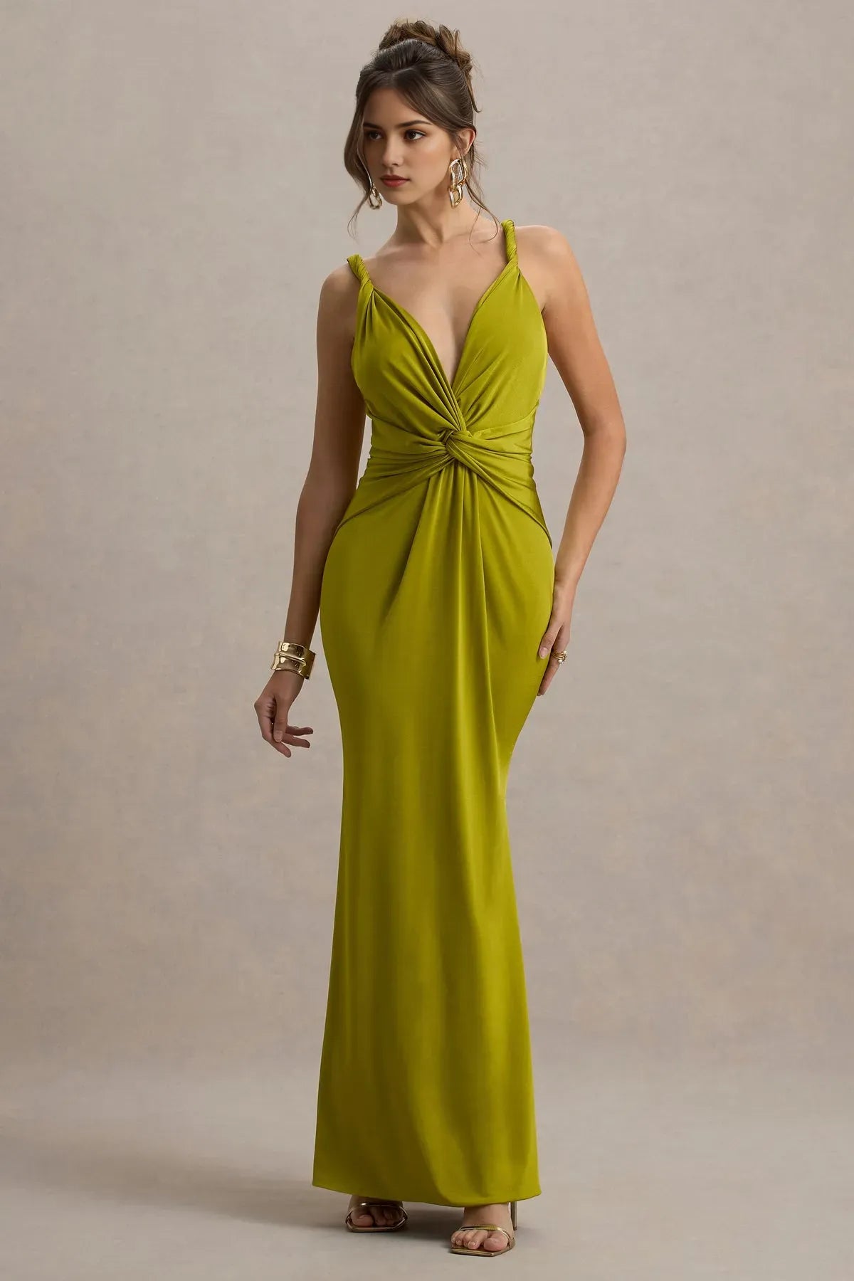 Elegant Olive Green Prom Dress Twist  Front Design Plunging V - Neck and Body  Conforming Fabric for Timeless Glamour
