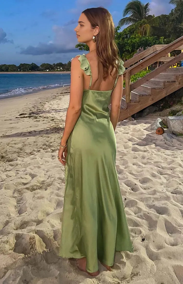 Elegant Olive Green Satin Prom Dress Ruffled Spaghetti Straps Plunging V  Neck Side Slit for a Tropical Glam Look