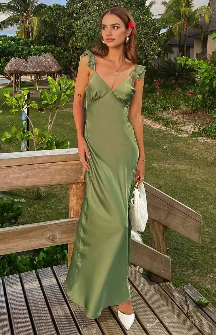 Elegant Olive Green Satin Prom Dress Ruffled Spaghetti Straps Plunging V  Neck Side Slit for a Tropical Glam Look