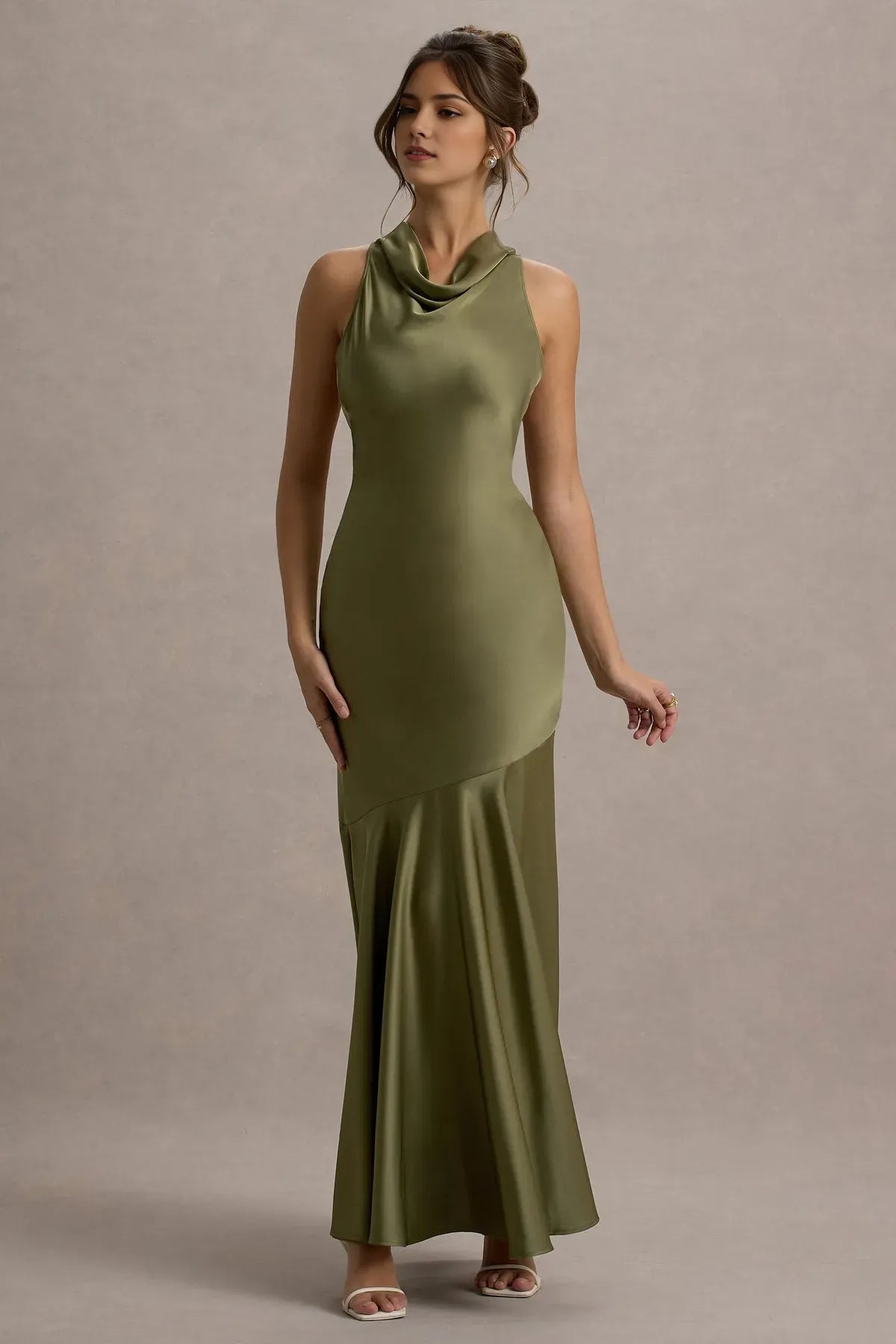 Elegant Olive Green Satin Prom Dresses with Cowl Neckline and Mermaid Hem  A Perfect Blend of Sophistication and Allure