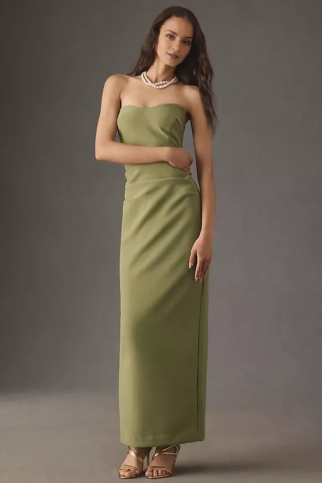 Elegant Olive Green Sheath Sweetheart Strapless Zip Back Floor-Length Ruched Prom Dresses