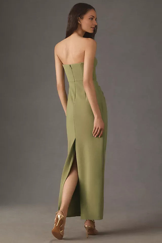 Elegant Olive Green Sheath Sweetheart Strapless Zip Back Floor-Length Ruched Prom Dresses