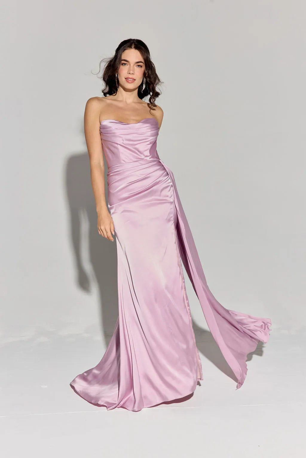 Elegant Olive Green Strapless Satin Mermaid Prom Dress with Draped Bodice and Side Slit for Formal Occasions   ﻿