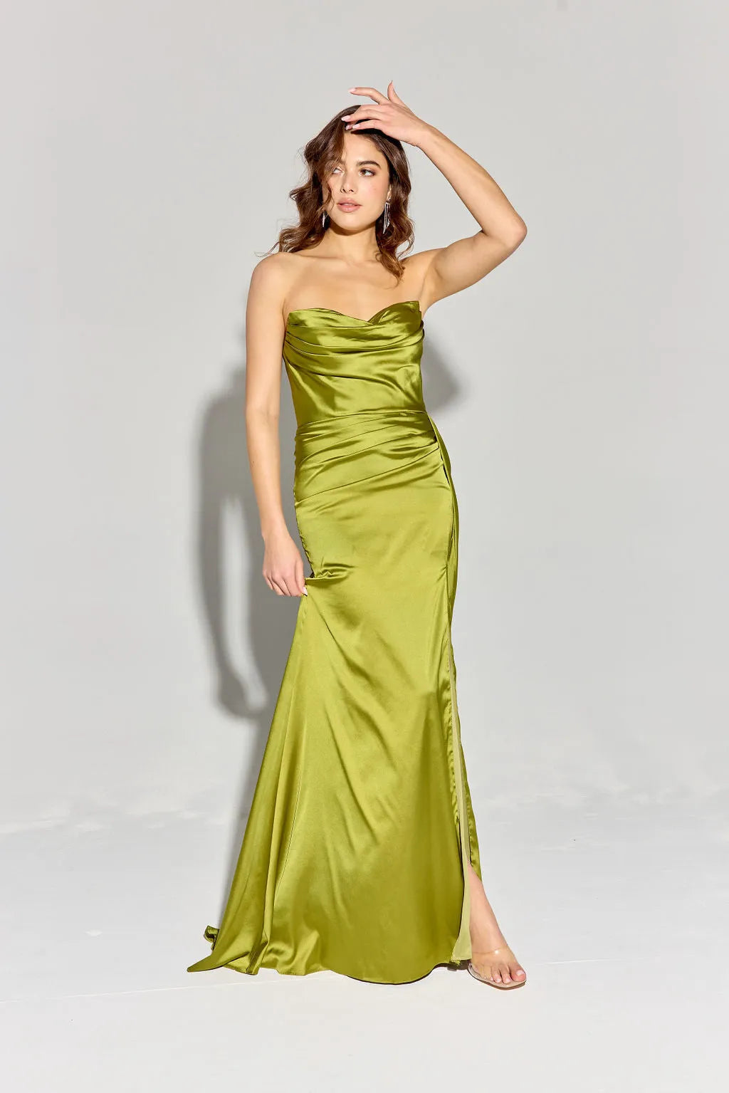 Elegant Olive Green Strapless Satin Mermaid Prom Dress with Draped Bodice and Side Slit for Formal Occasions   ﻿