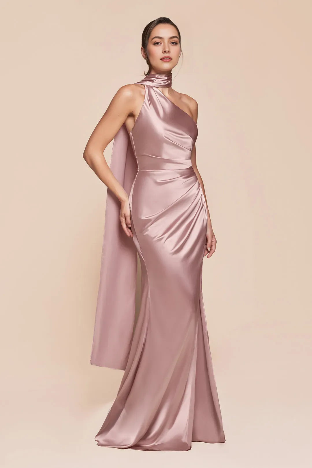 Elegant One - Shoulder Burgundy Satin Prom Dress with Ruched Detailing and High Side Slit for Formal Occasions