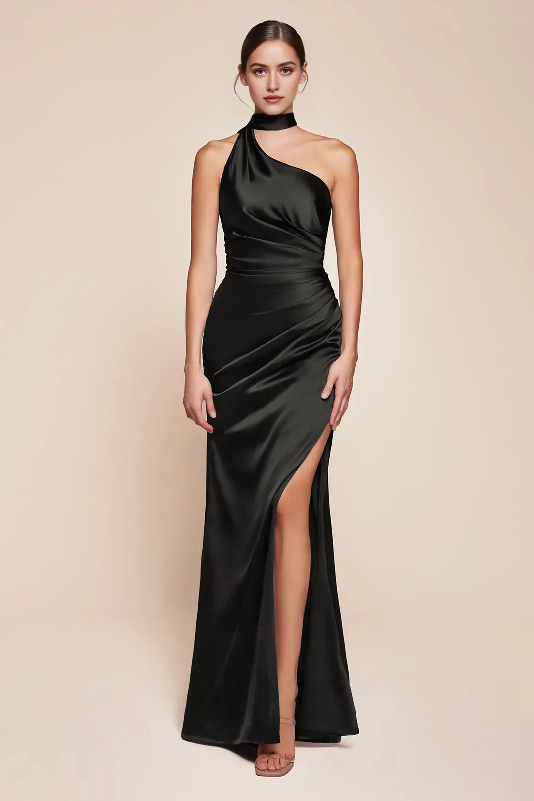 Elegant One - Shoulder Burgundy Satin Prom Dress with Ruched Detailing and High Side Slit for Formal Occasions