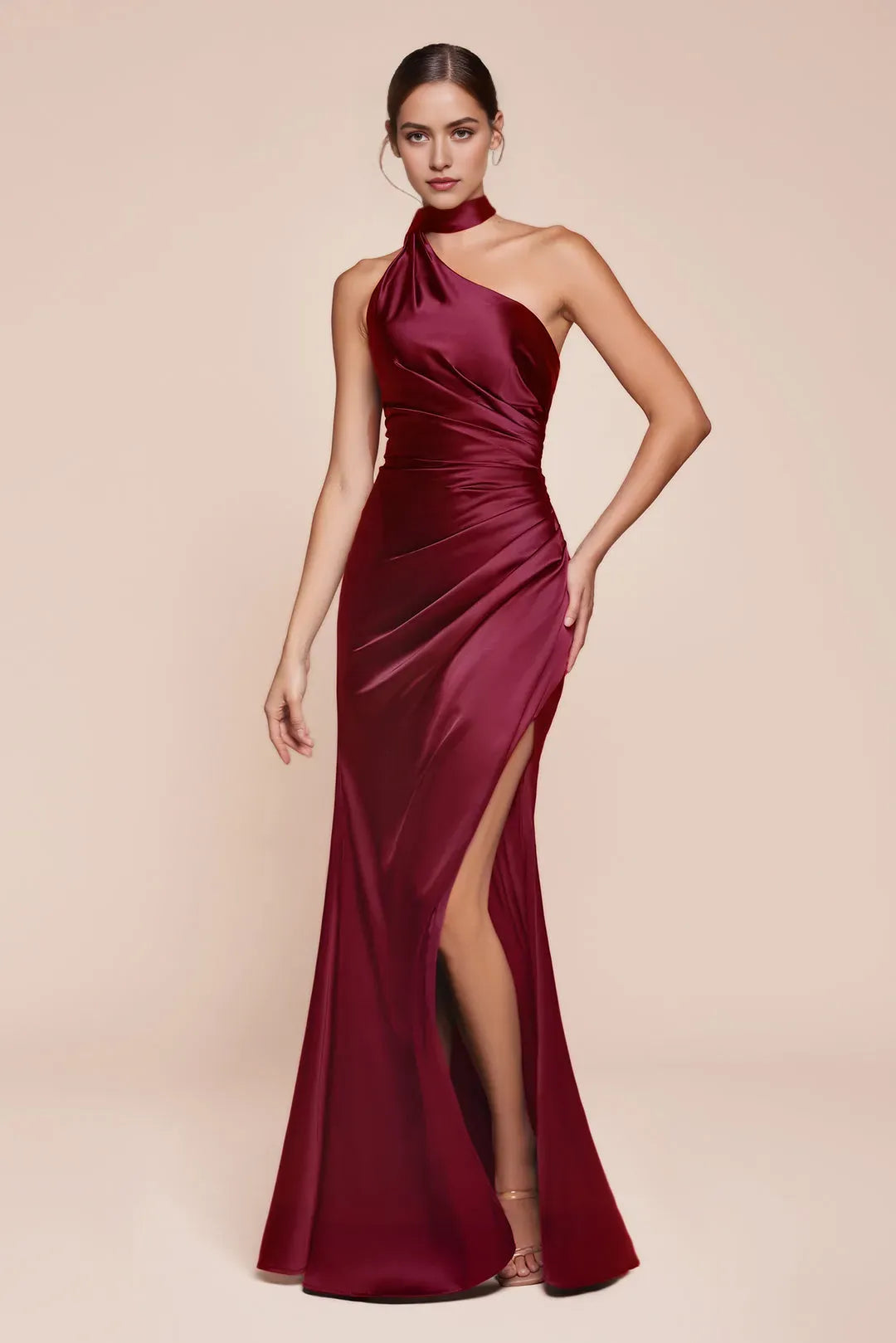 Elegant One - Shoulder Burgundy Satin Prom Dress with Ruched Detailing and High Side Slit for Formal Occasions