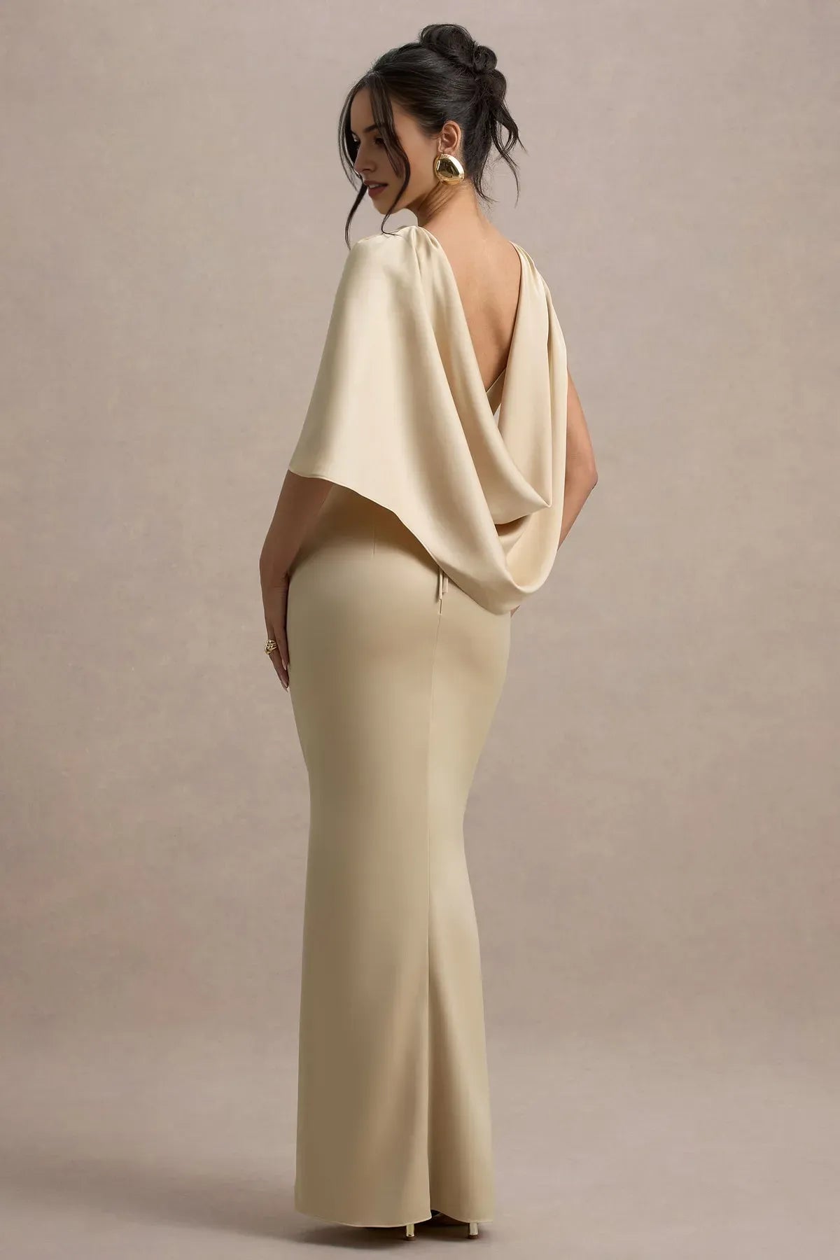 Elegant One - Shoulder Champagne Satin Prom Dress with Asymmetric Draped Capelet  Figure - Hugging Silhouette for Formal Evening Events
