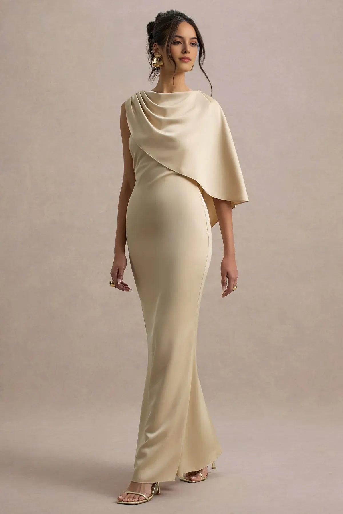 Elegant One - Shoulder Champagne Satin Prom Dress with Asymmetric Draped Capelet  Figure - Hugging Silhouette for Formal Evening Events