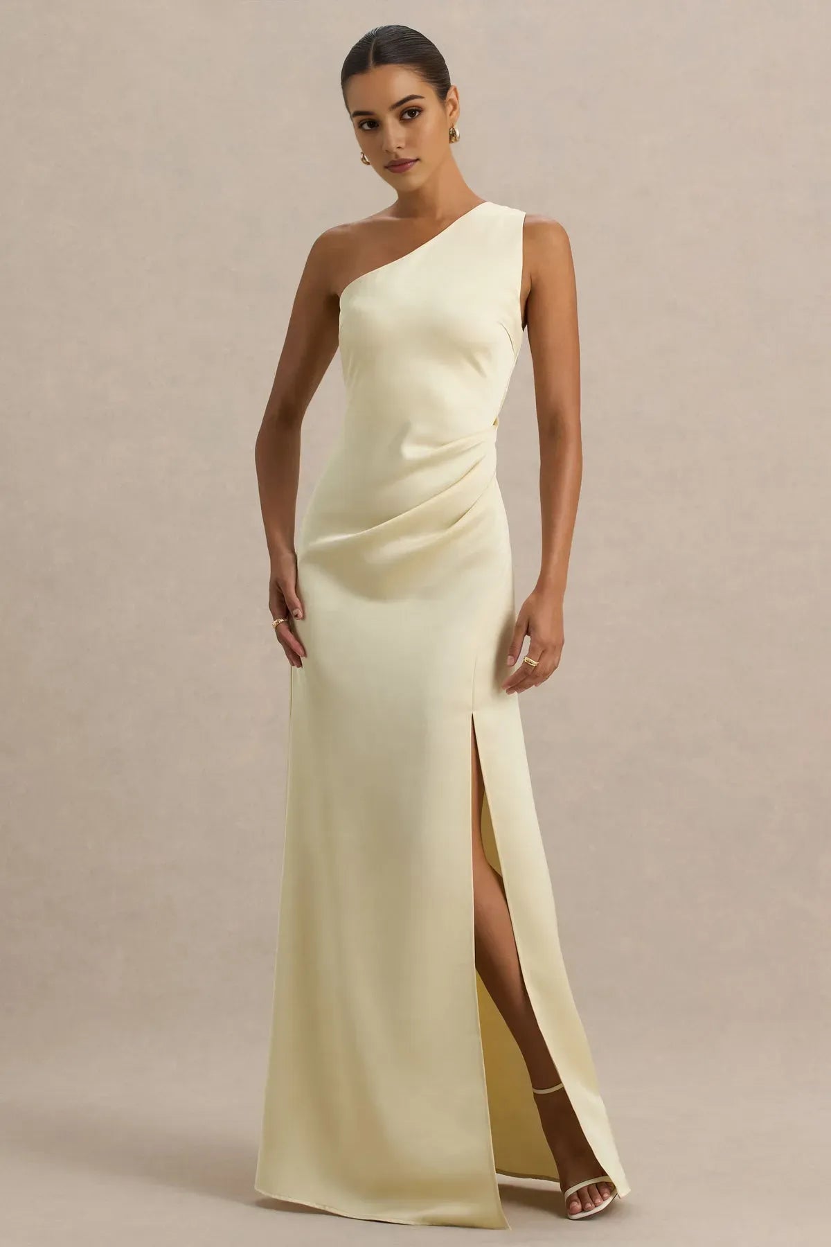 Elegant One - Shoulder Champagne Satin Prom Dress with Side Ruche Detail and High Thigh Slit