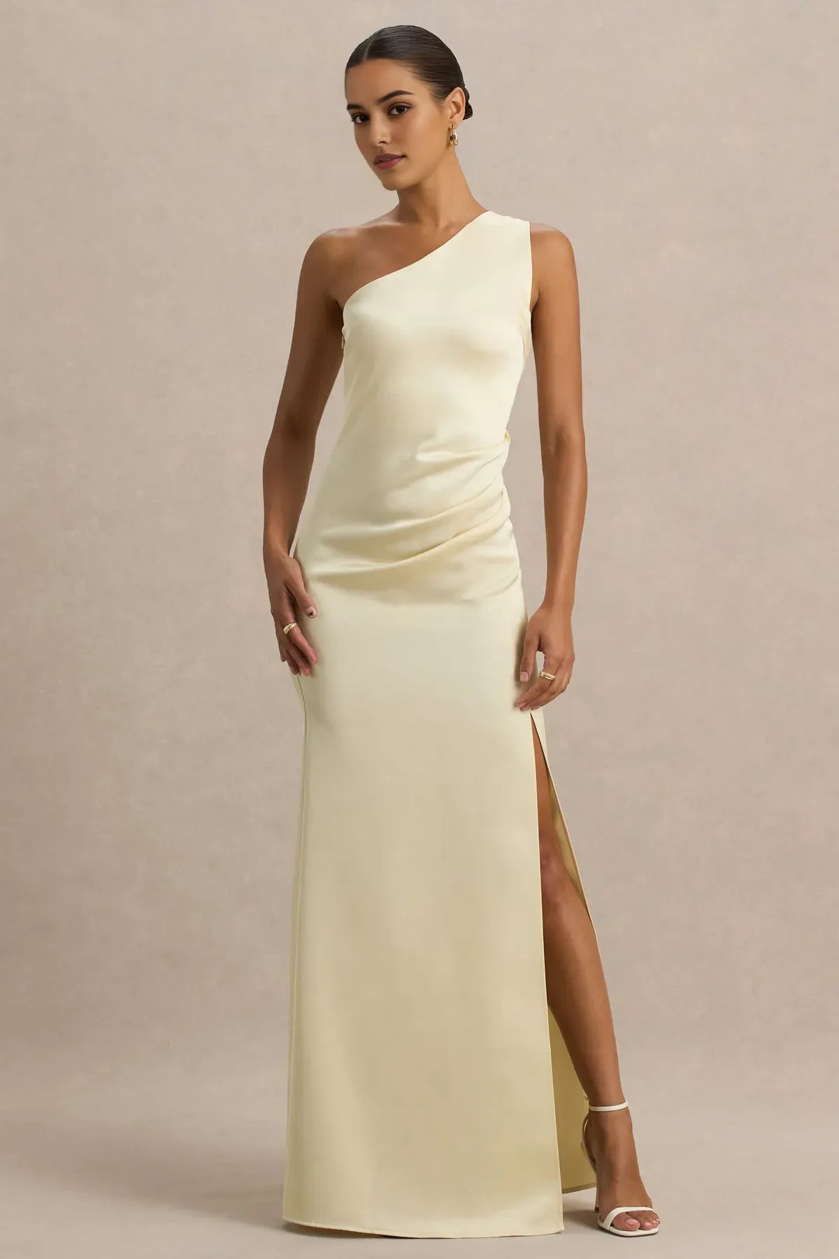 Elegant One - Shoulder Champagne Satin Prom Dress with Side Ruche Detail and High Thigh Slit