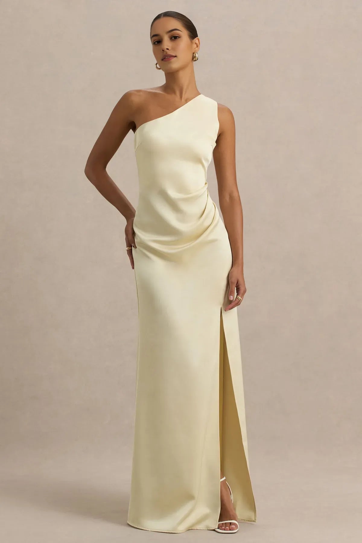 Elegant One - Shoulder Champagne Satin Prom Dress with Side Ruche Detail and High Thigh Slit