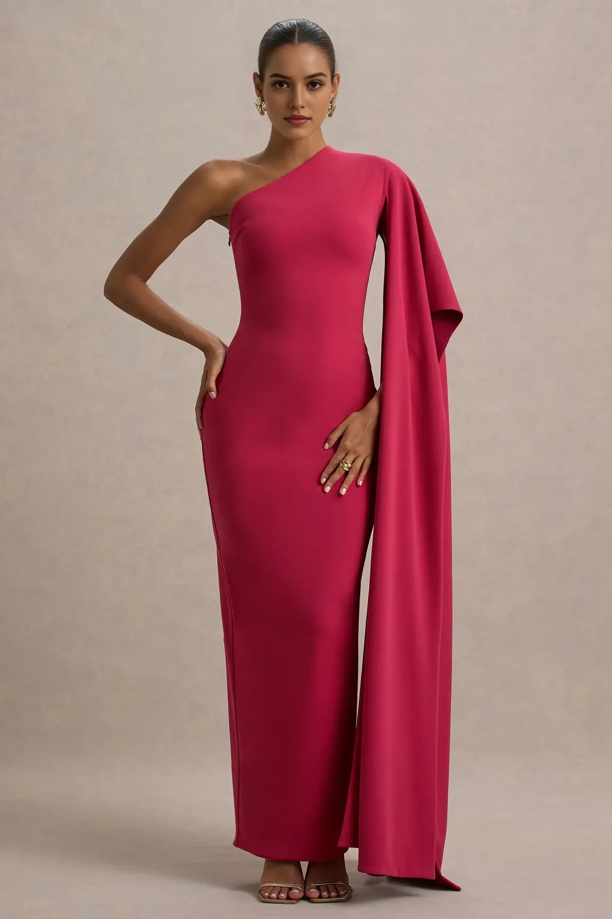 Elegant One - Shoulder Fuchsia Prom Dress with Asymmetric Cape Sleeve and Body - Hugging Silhouette