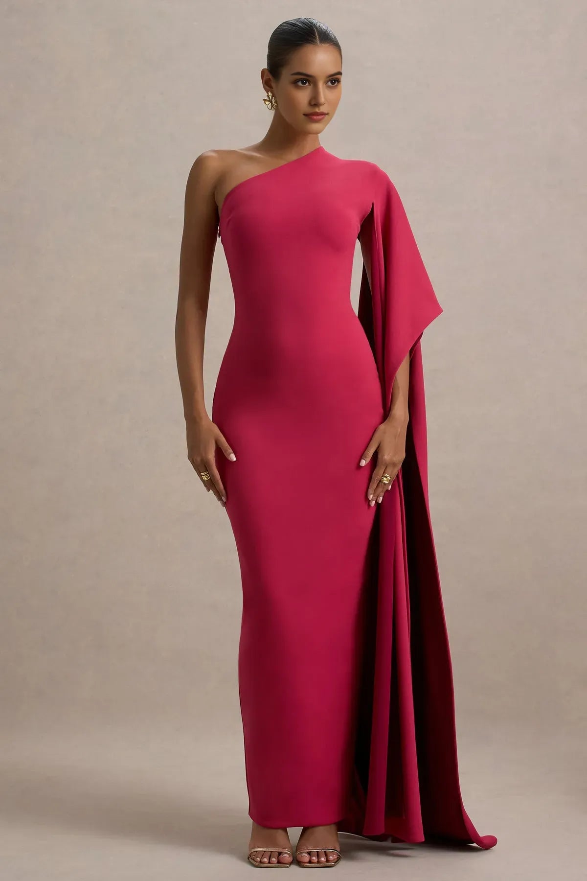 Elegant One - Shoulder Fuchsia Prom Dress with Asymmetric Cape Sleeve and Body - Hugging Silhouette
