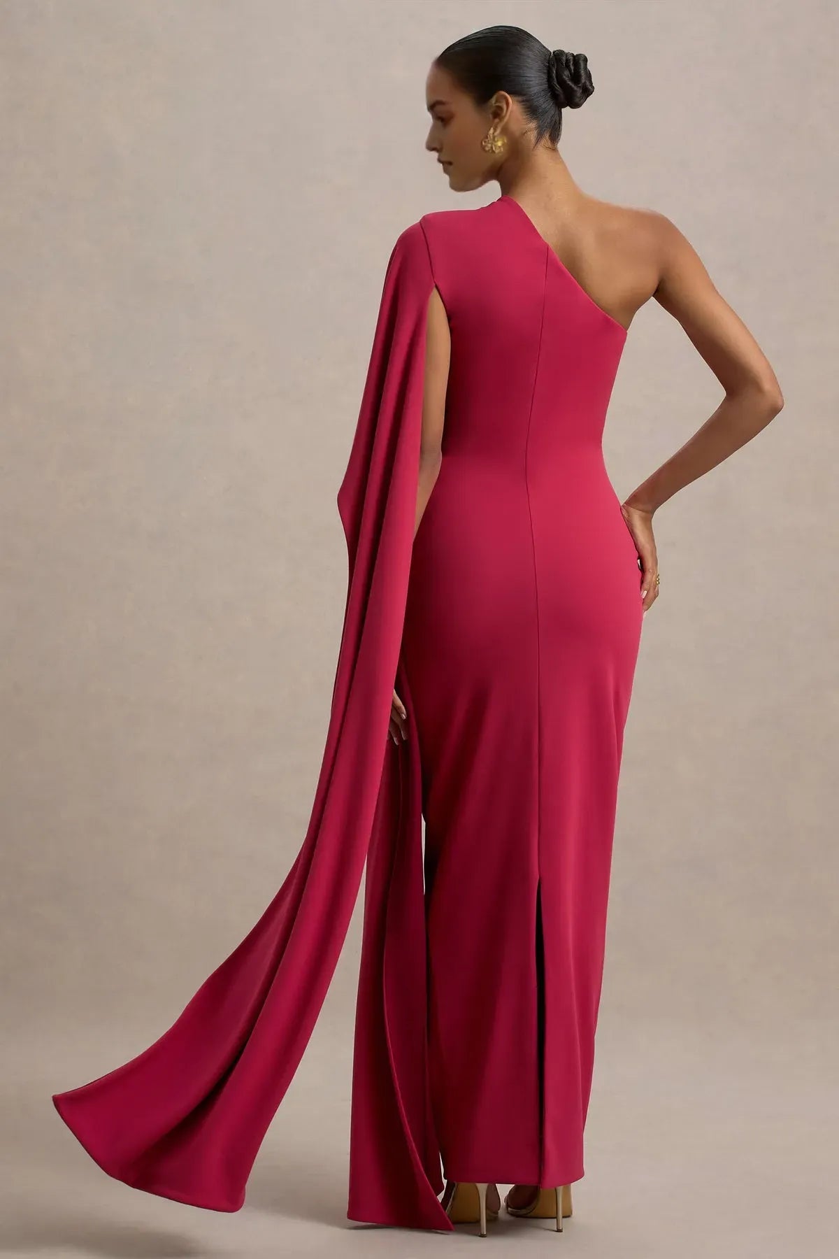 Elegant One - Shoulder Fuchsia Prom Dress with Asymmetric Cape Sleeve and Body - Hugging Silhouette