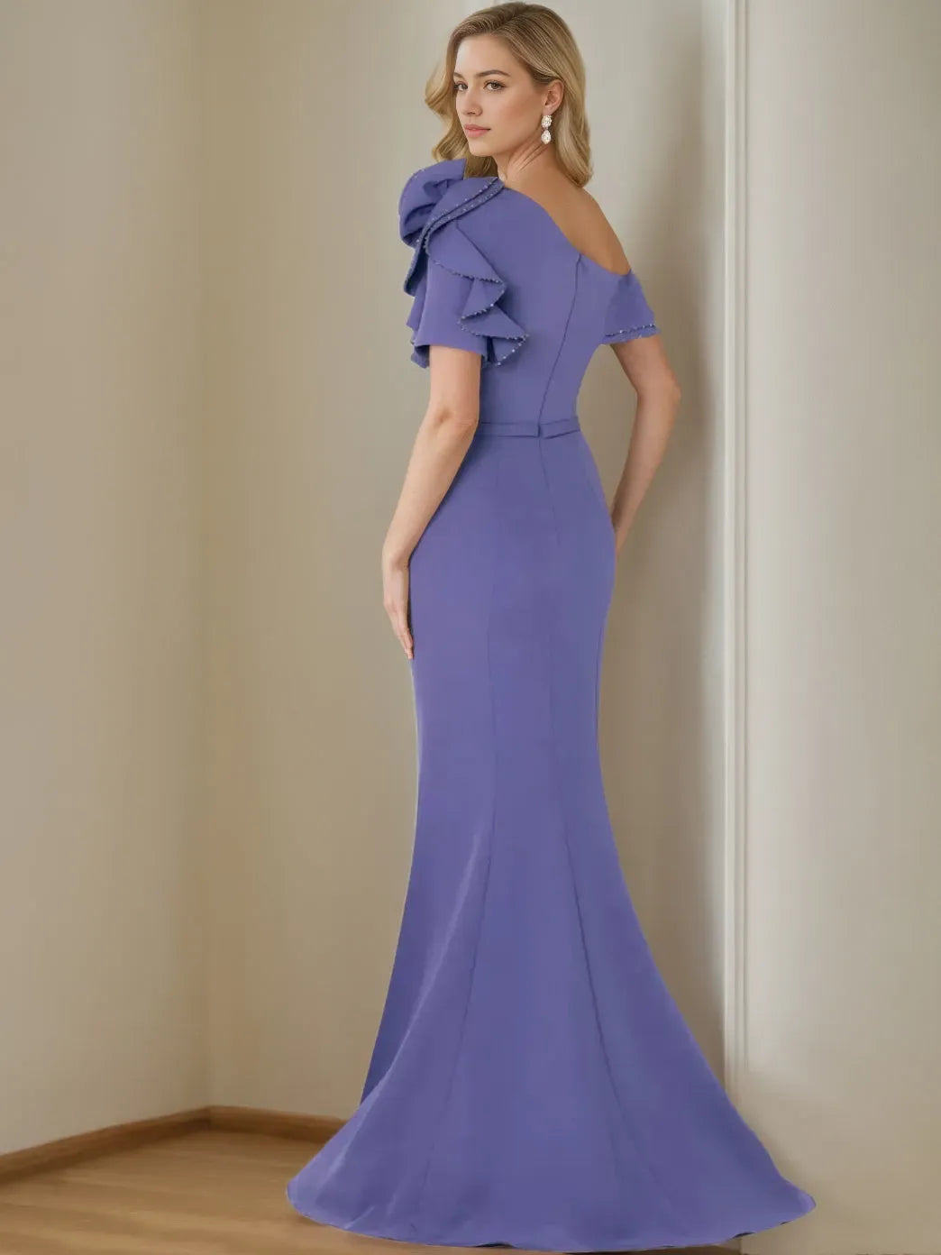 Elegant One - Shoulder Mother of the Bride Dress Lilac Hue Floral Accent Ruffled Detailing ﻿