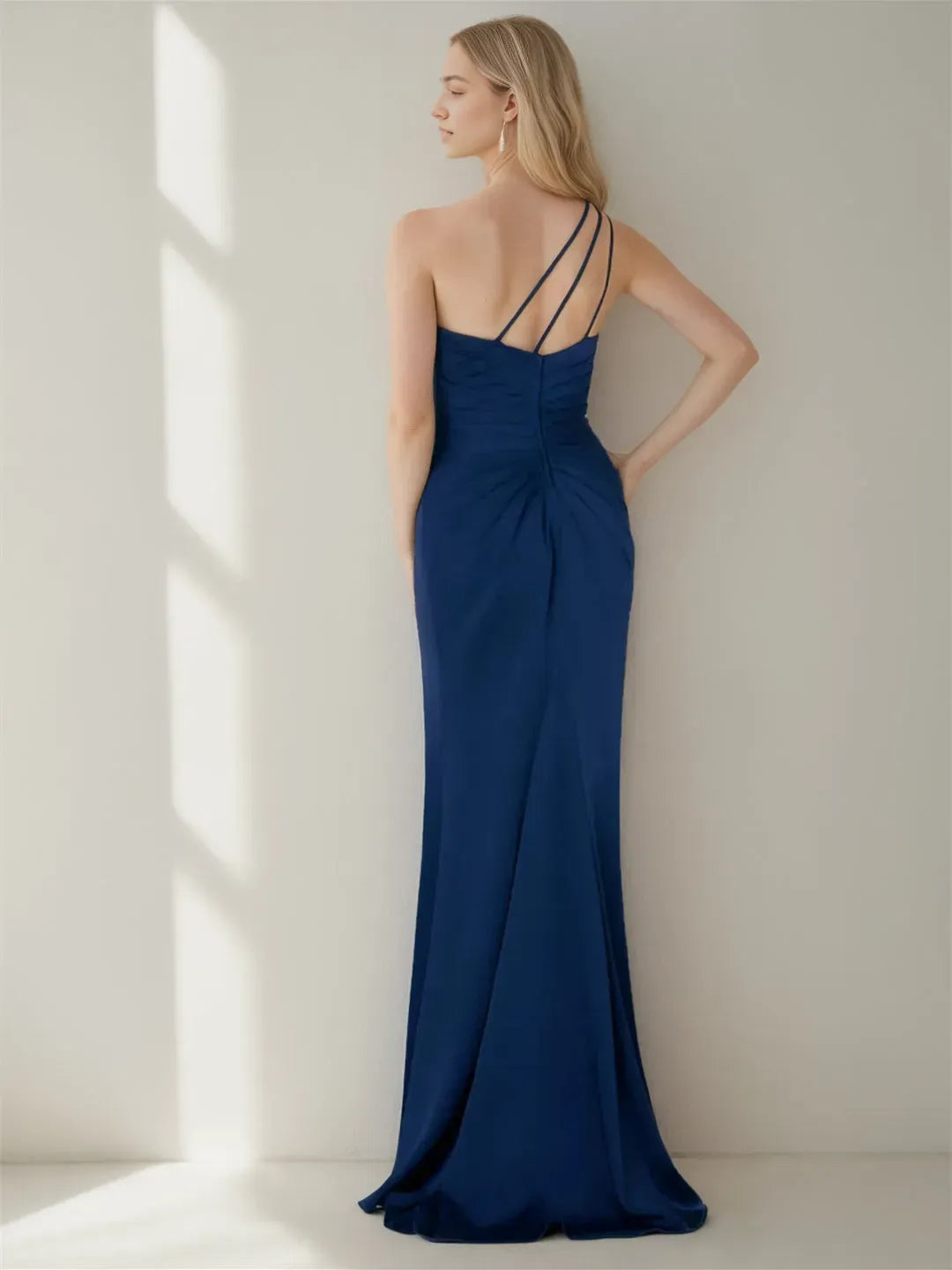 Elegant One - Shoulder Mother of the Bride Dress Navy Blue Floral Embellishment Side Slit