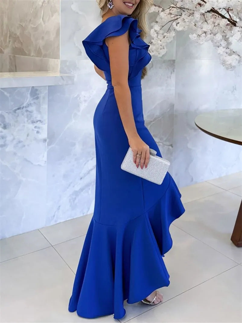 Elegant One - Shoulder Mother of the Bride Dress Ruffled Detail High  Low Mermaid Hem for Formal Occasions ﻿