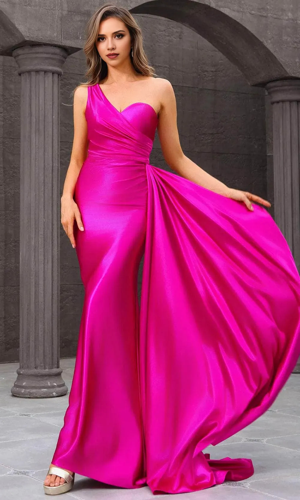 Elegant One - Shoulder Pink Satin Mermaid Prom Dress with Draped Detail and Side Train Ideal for Formal Evening Galas