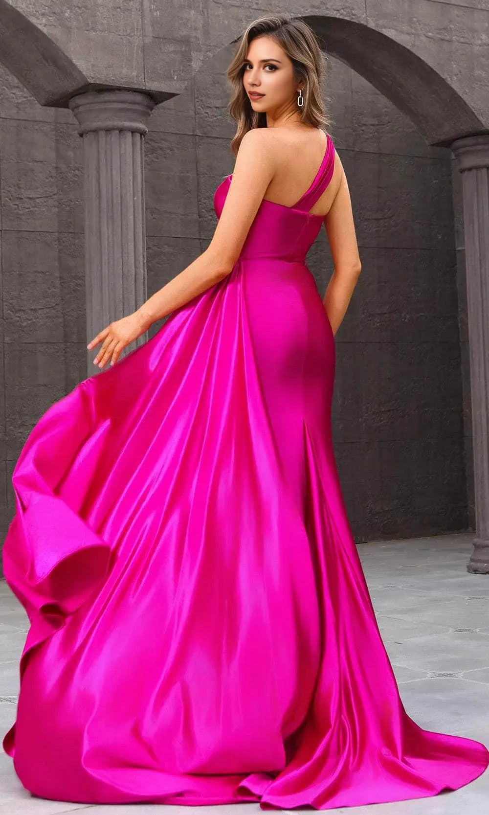 Elegant One - Shoulder Pink Satin Mermaid Prom Dress with Draped Detail and Side Train Ideal for Formal Evening Galas