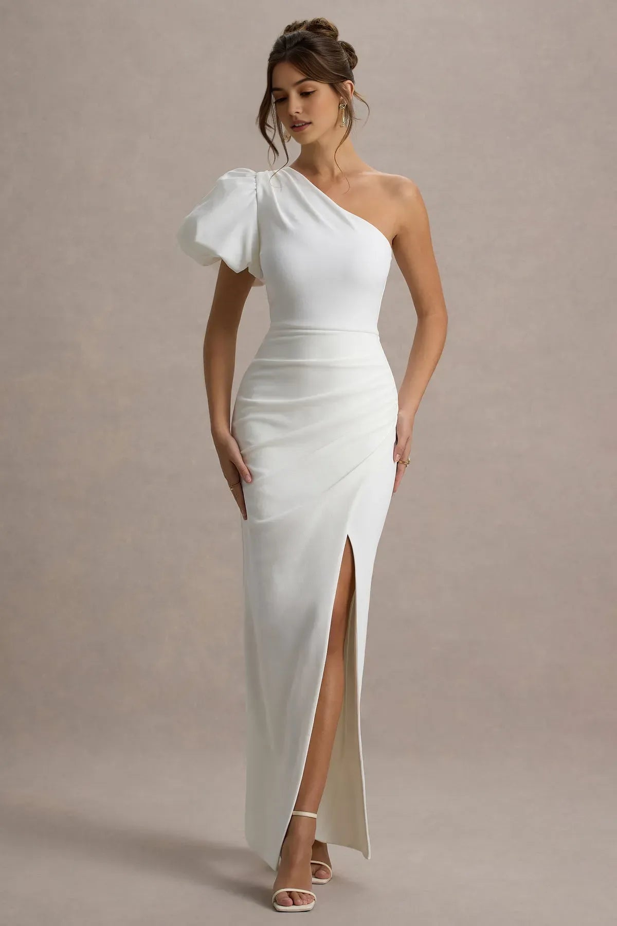 Elegant One - Shoulder Prom Dress with Puff Sleeve Ruched Detailing and High Side Slit Timeless White Formal Gown for Special Evenings