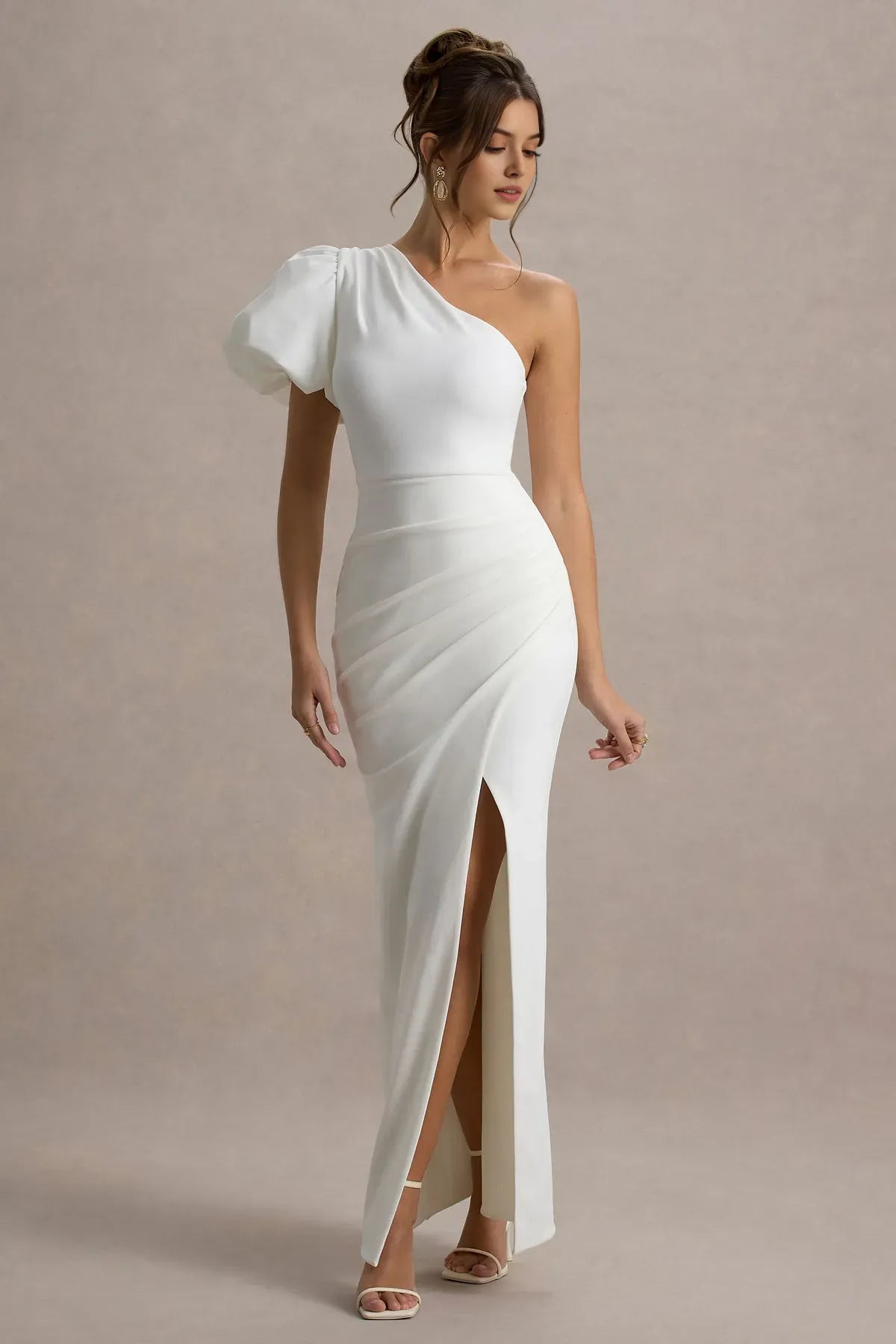 Elegant One - Shoulder Prom Dress with Puff Sleeve Ruched Detailing and High Side Slit Timeless White Formal Gown for Special Evenings