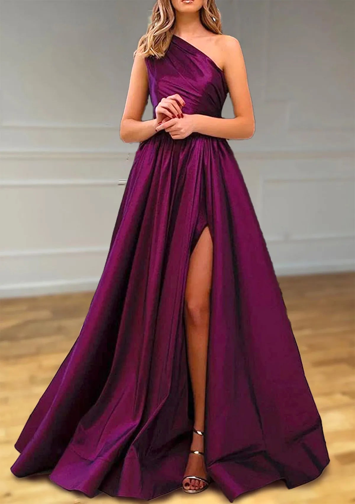 Elegant One - Shoulder Purple Satin Ball Gown with High Side Slit Flowy Skirt Vintage Inspired Drape Perfect for Formal Proms