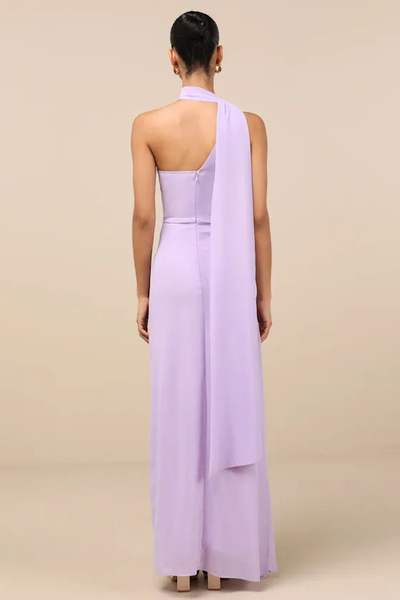Elegant One  Shoulder Lilac Chiffon Maxi Dress with Draped Sash and Side Slit Perfect for Proms Balls and Glamorous Occasions