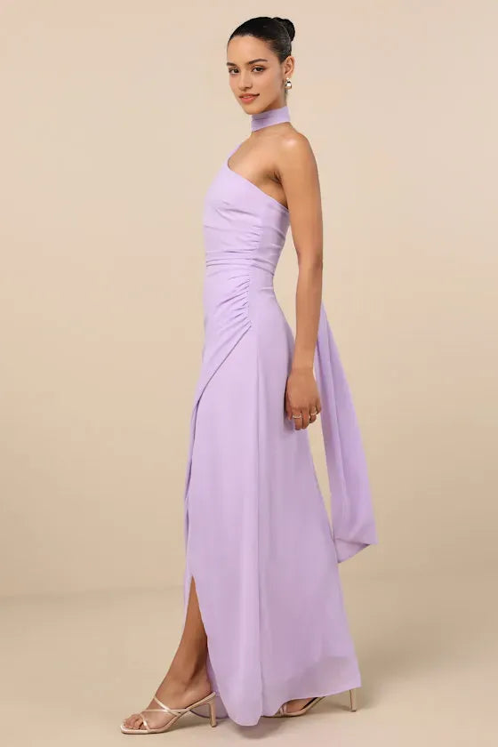 Elegant One  Shoulder Lilac Chiffon Maxi Dress with Draped Sash and Side Slit Perfect for Proms Balls and Glamorous Occasions