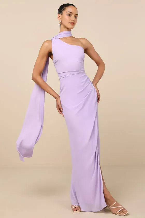 Elegant One  Shoulder Lilac Chiffon Maxi Dress with Draped Sash and Side Slit Perfect for Proms Balls and Glamorous Occasions