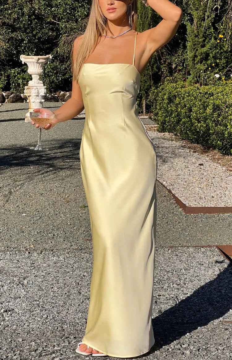 Elegant Pale Yellow Satin Prom Dress Spaghetti Straps Square Neckline Floor Length Silhouette for a Sophisticated Glam Look