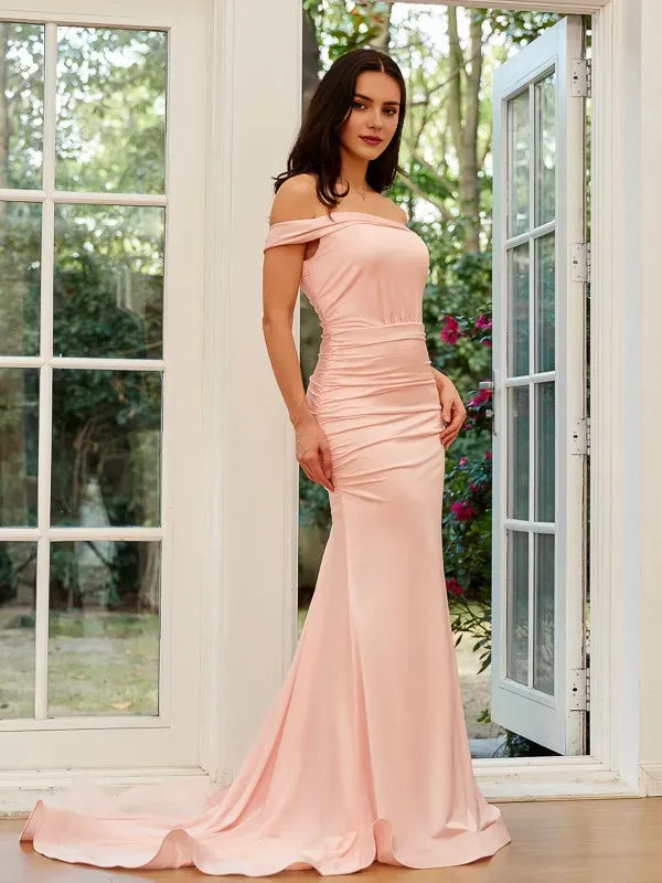 Elegant Pearl Pink Sheath One-Shoulder Sleeveless Back Zip Sweep/Brush Train Ruched Prom Dresses