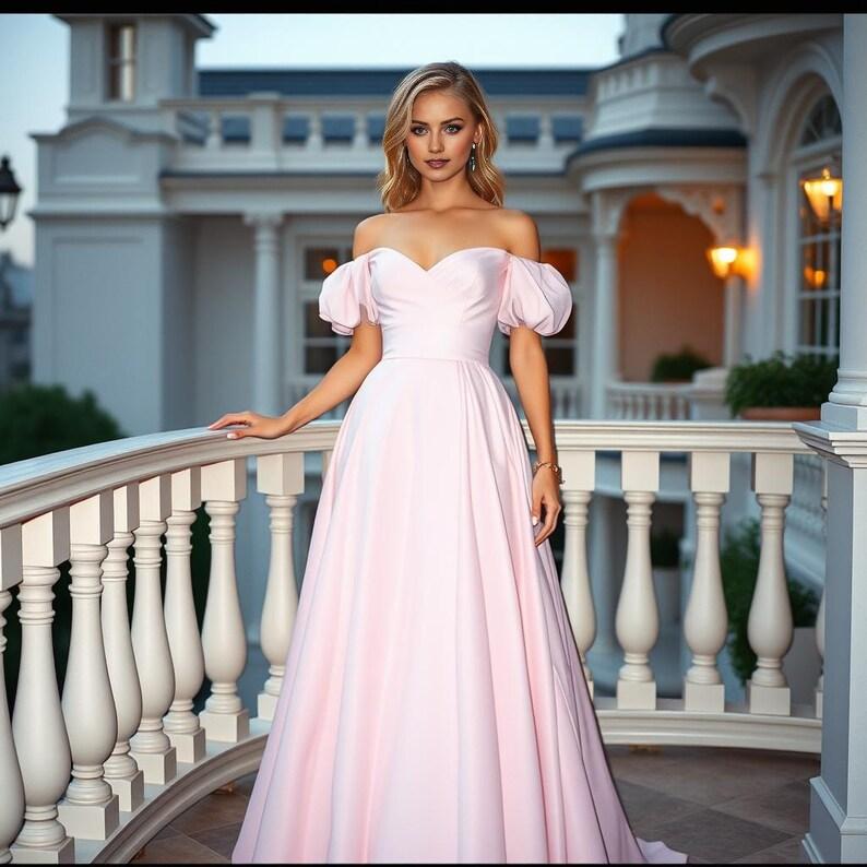 Elegant Pink A-Line Off-Shoulder Puff Sleeve Lace Up Floor-Length Satin Prom Dress Hot Sale ﻿