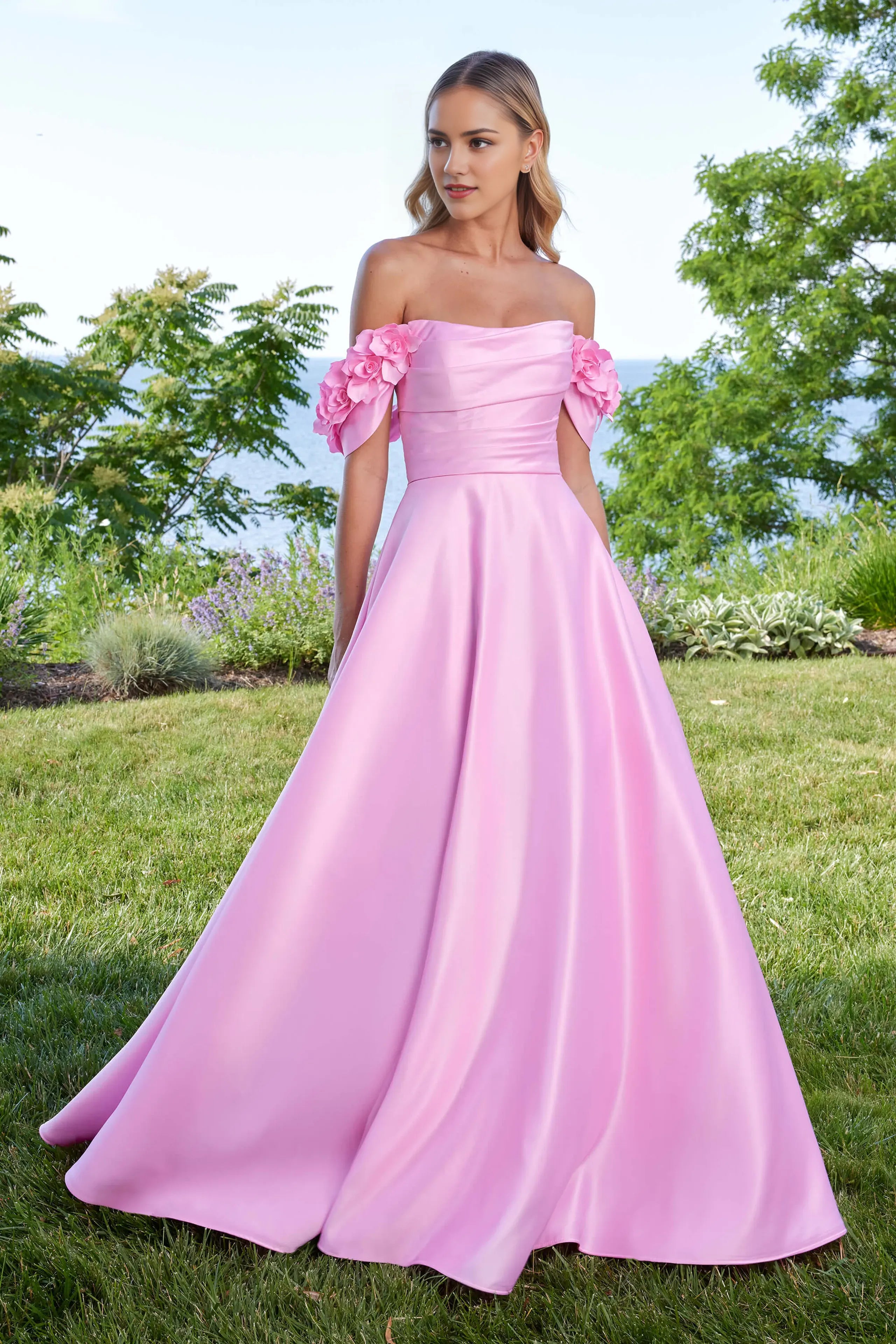 Elegant Pink A-Line Off-the-Shoulder Sleeveless Back Zip Floor-Length 3D Flower-Accent Satin Prom Dresses