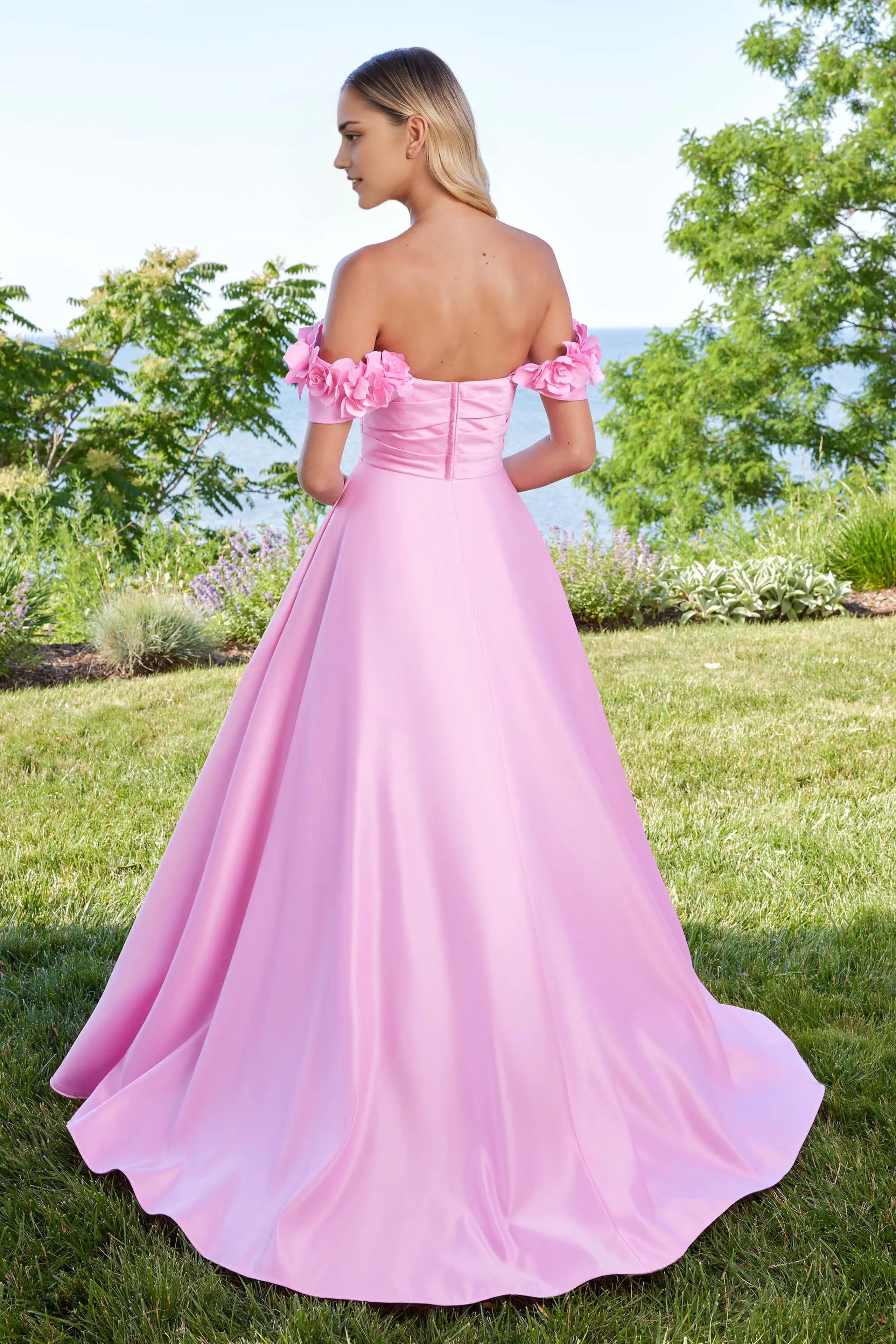 Elegant Pink A-Line Off-the-Shoulder Sleeveless Back Zip Floor-Length 3D Flower-Accent Satin Prom Dresses