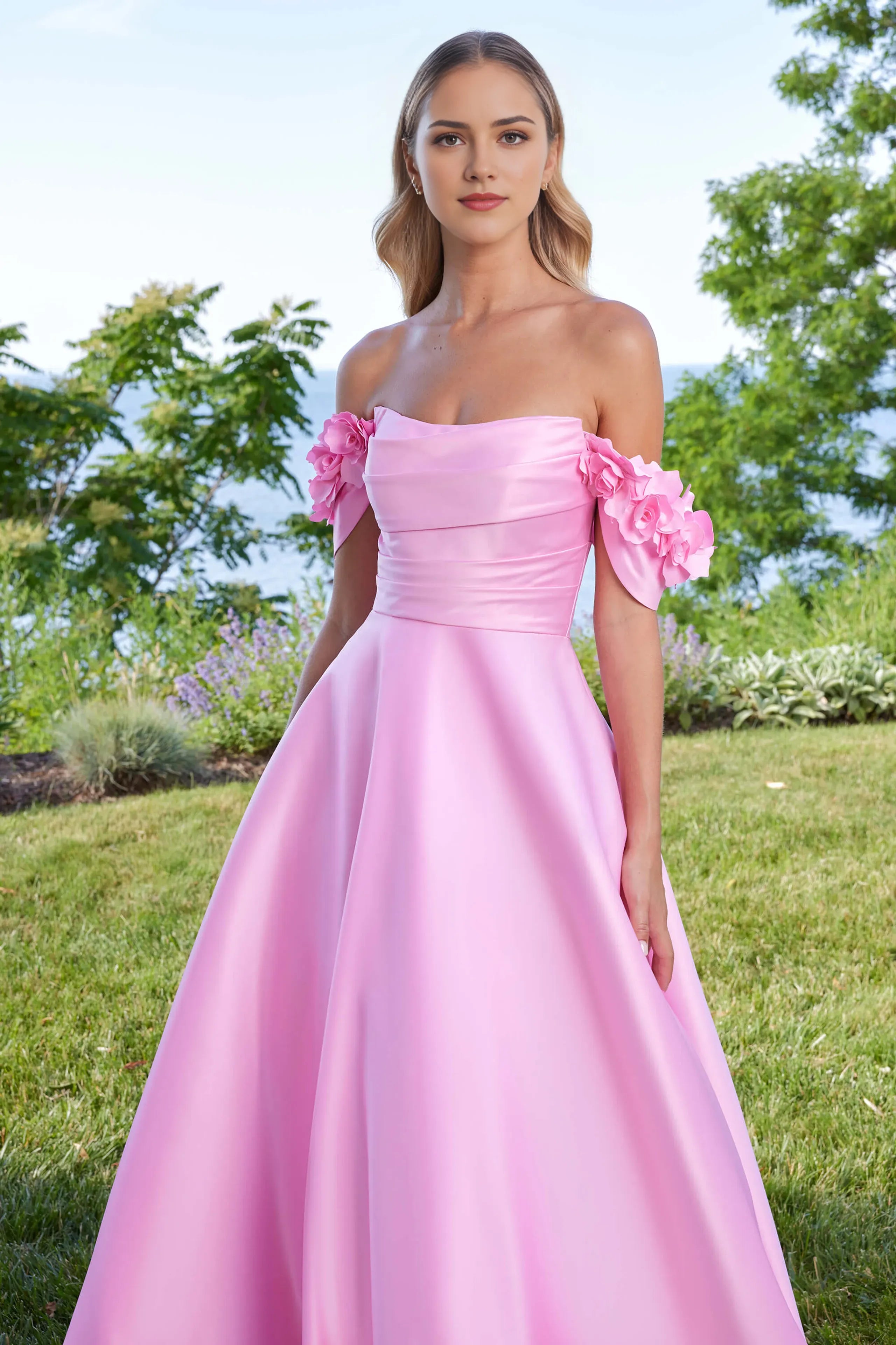 Elegant Pink A-Line Off-the-Shoulder Sleeveless Back Zip Floor-Length 3D Flower-Accent Satin Prom Dresses