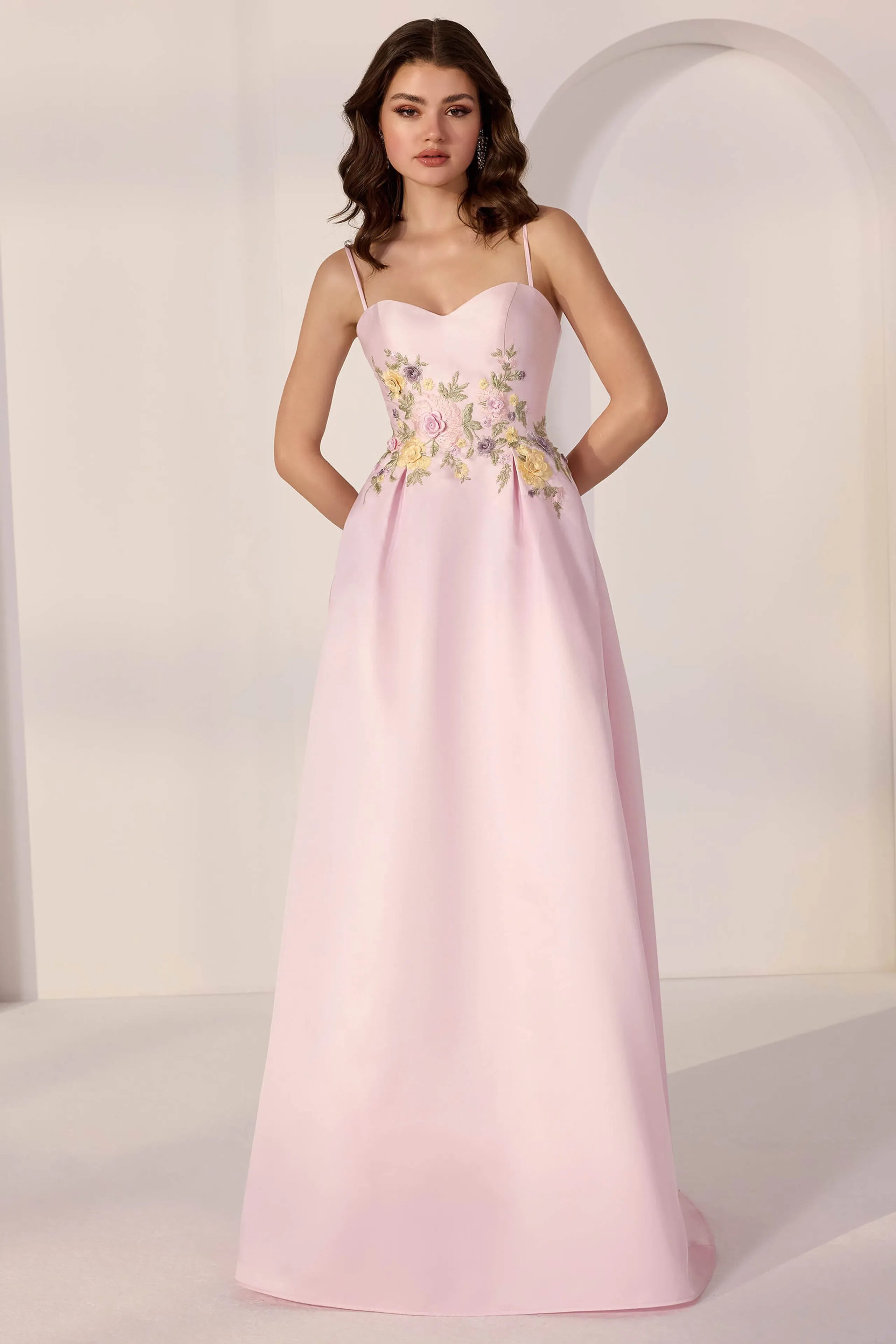 Elegant Pink A-Line Sweetheart Neck Spaghetti Strap Back Zip Floor-Length Floral Embellished Satin Prom Dresses
