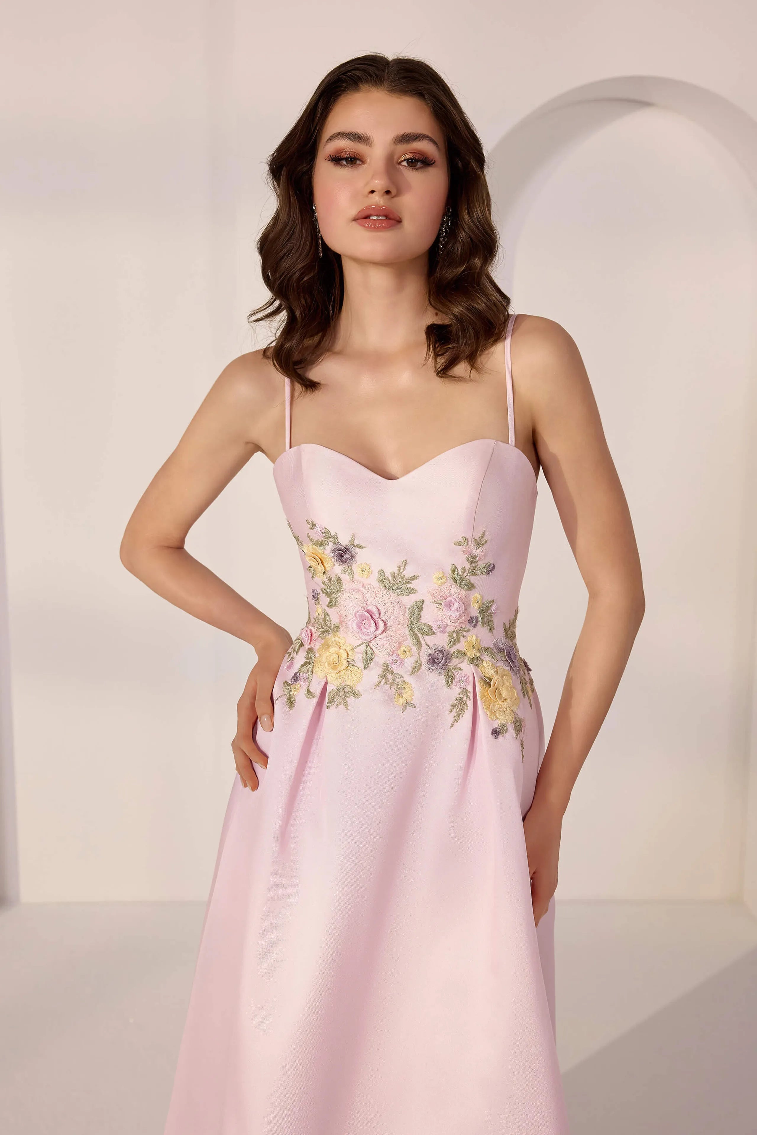 Elegant Pink A-Line Sweetheart Neck Spaghetti Strap Back Zip Floor-Length Floral Embellished Satin Prom Dresses