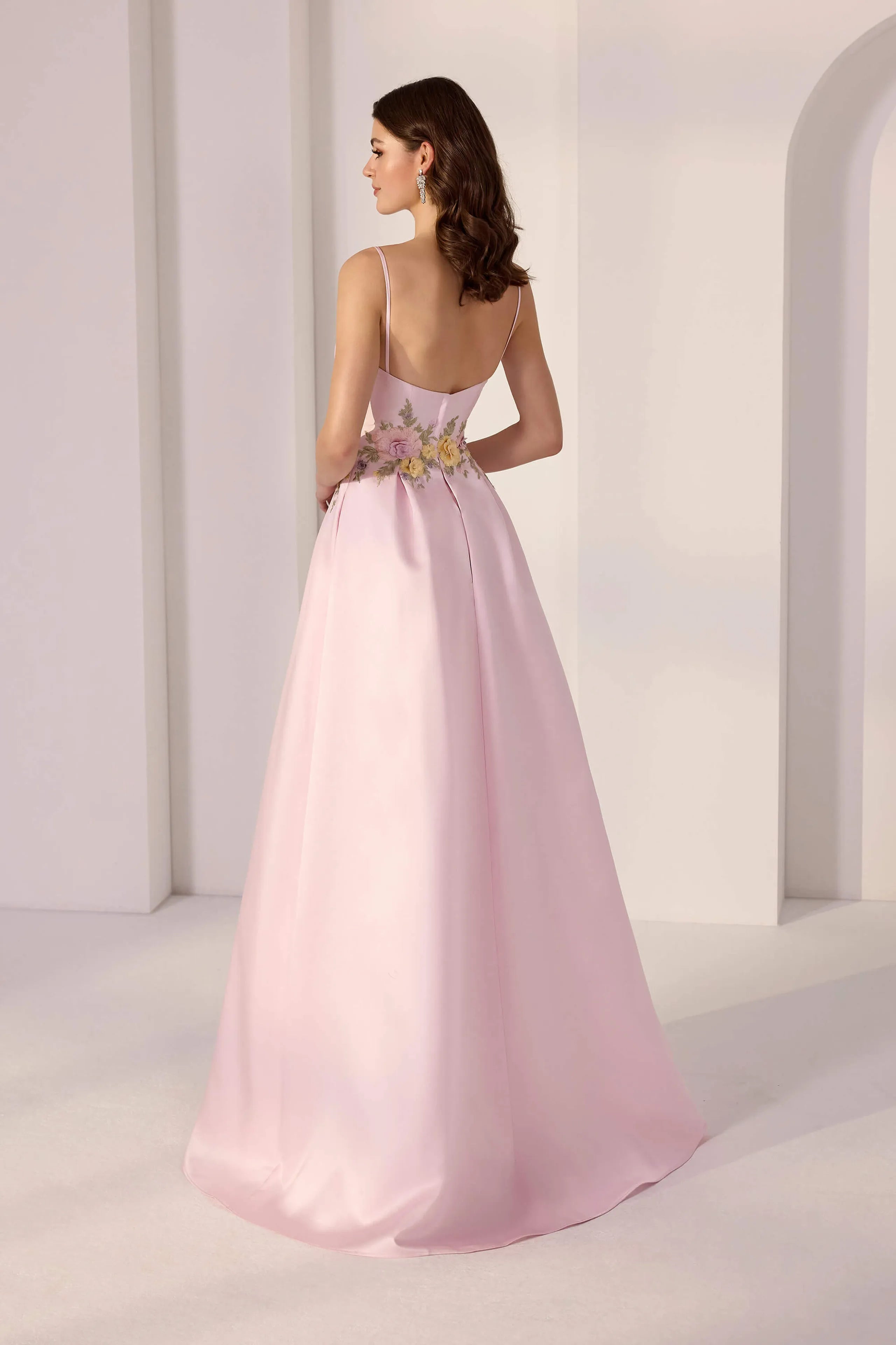 Elegant Pink A-Line Sweetheart Neck Spaghetti Strap Back Zip Floor-Length Floral Embellished Satin Prom Dresses