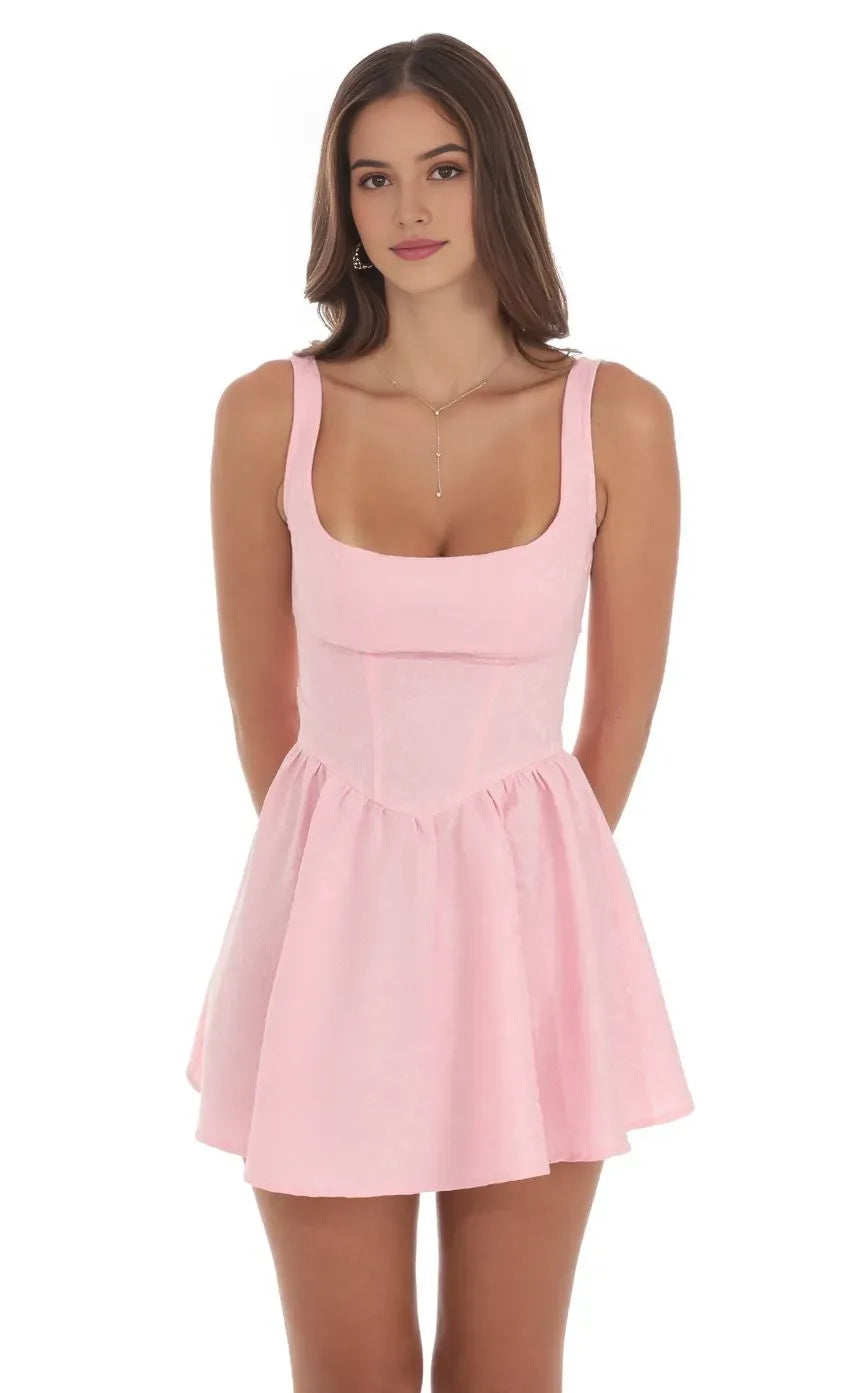 Elegant Pink Brocade Homecoming Dress Square Neckline Corset Bodice Flared Skirt for a Timeless School Dance Look