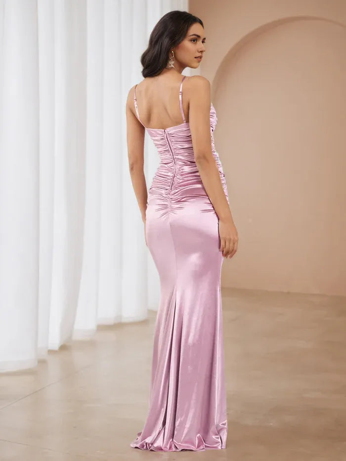 Elegant Pink Satin Evening Dress Ruched Bodice Spaghetti Straps Understated Sophistication for Gala NightsElegant Pink Satin Evening Dress Ruched Bodice Spaghetti Straps Understated Sophistication for Gala Nights