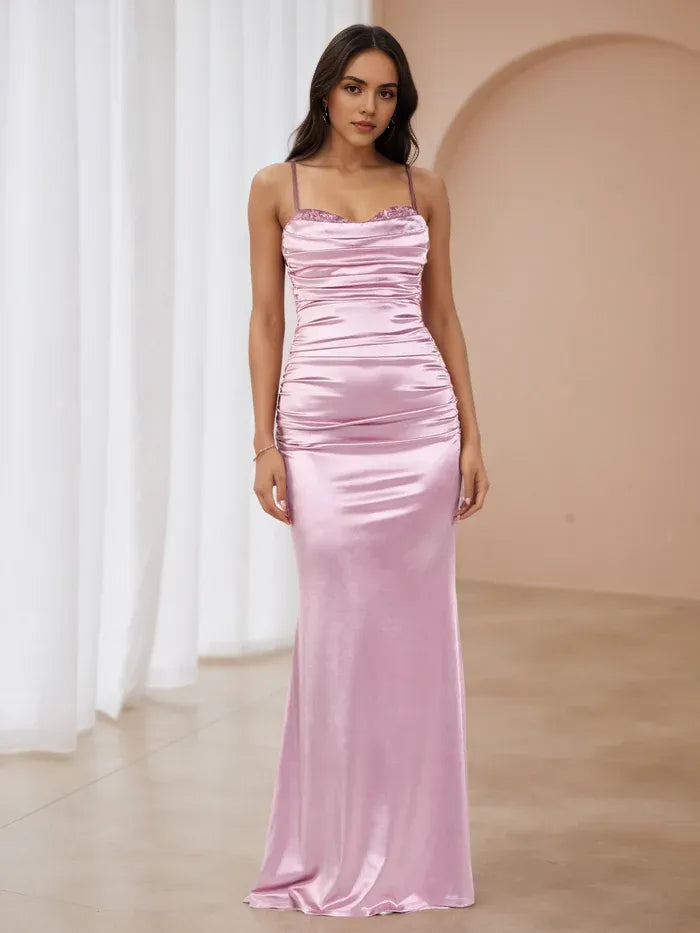 Elegant Pink Satin Evening Dress Ruched Bodice Spaghetti Straps Understated Sophistication for Gala NightsElegant Pink Satin Evening Dress Ruched Bodice Spaghetti Straps Understated Sophistication for Gala Nights