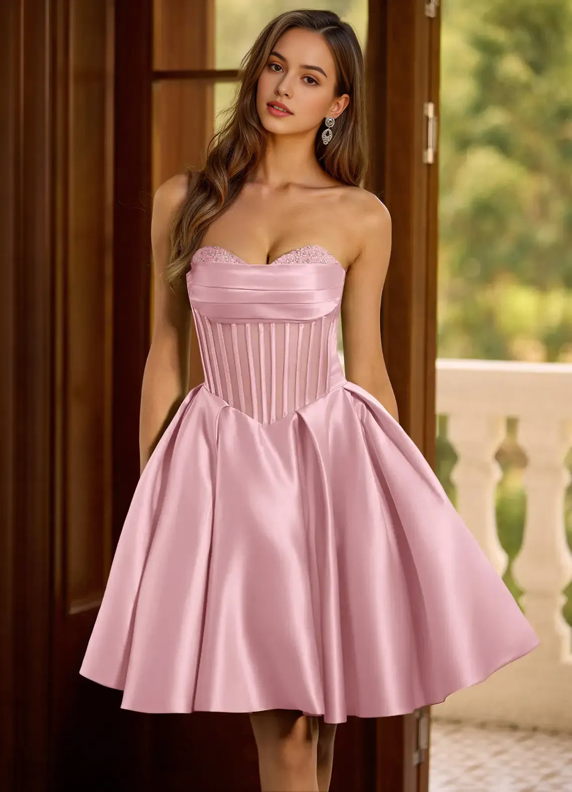 Elegant Pink Satin Homecoming Dress Strapless Rhinestone Encrusted Neckline Flared Skirt for a Classy Ensemble